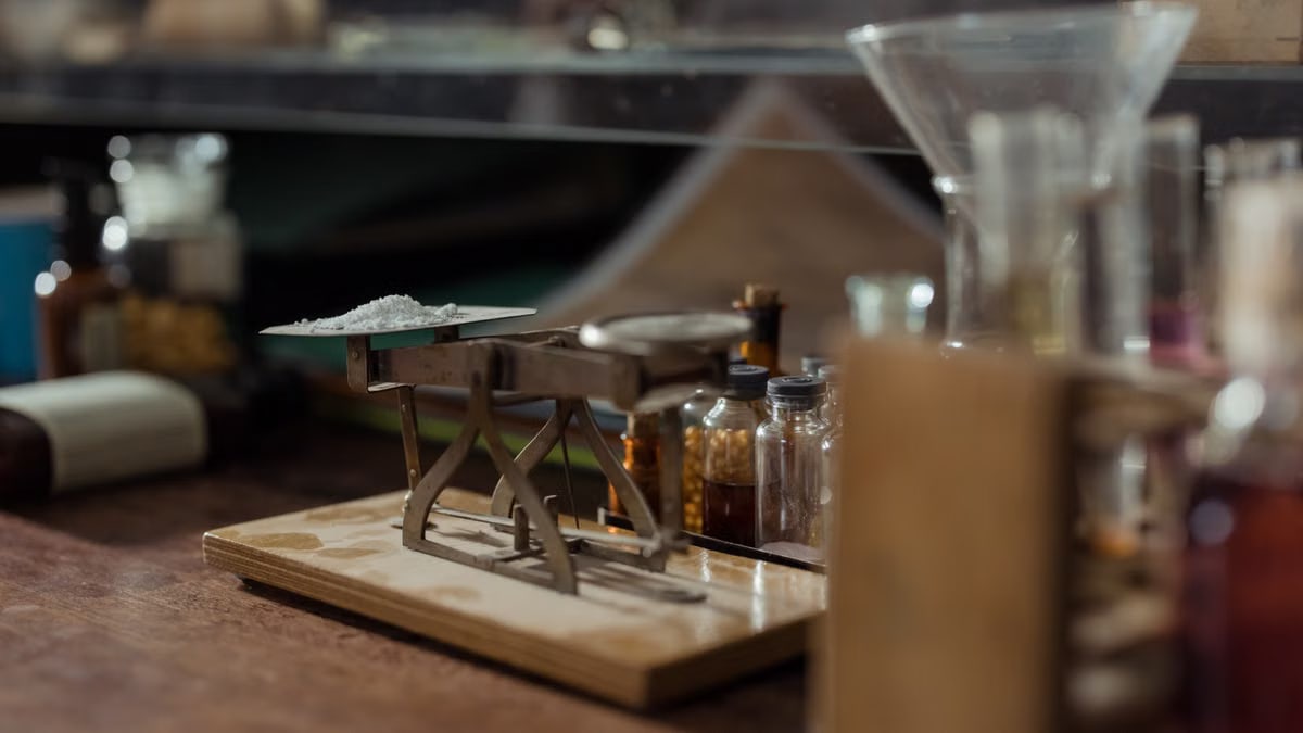 Close-up of an antique apothecary scale with pill bottles in a vintage pharmacy setting.